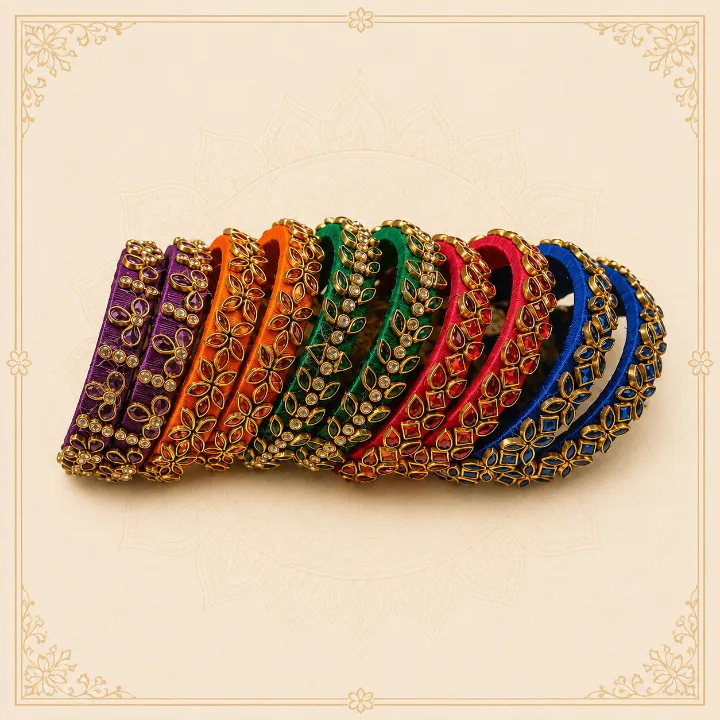 Handcrafted bangles in purple, orange, green, red and blue with gold floral detailing