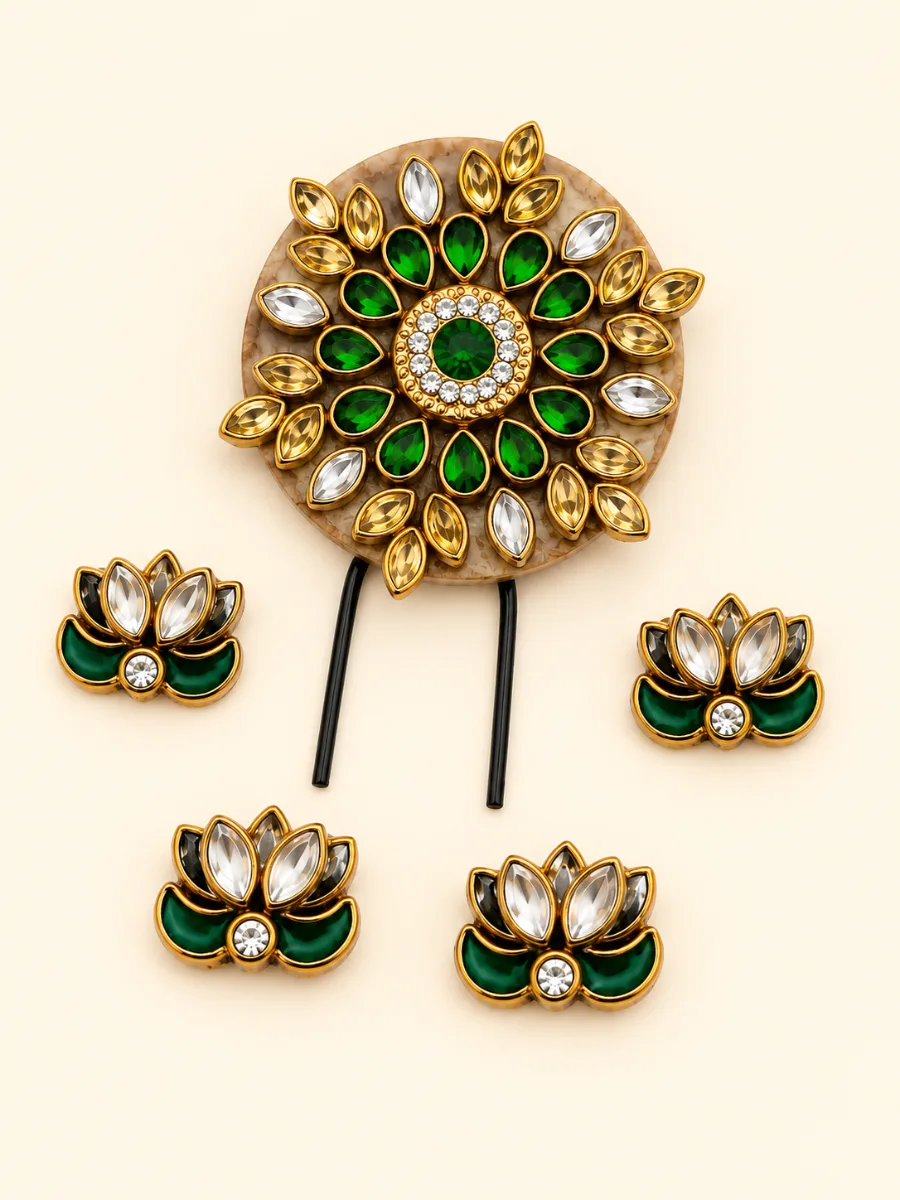 Emerald Gold Floral Hair Accessory Set — Hair accessory set with a large circular floral centerpiece, emerald-green and gold-tone detailing, clear/white accent stones and matching smaller pieces.