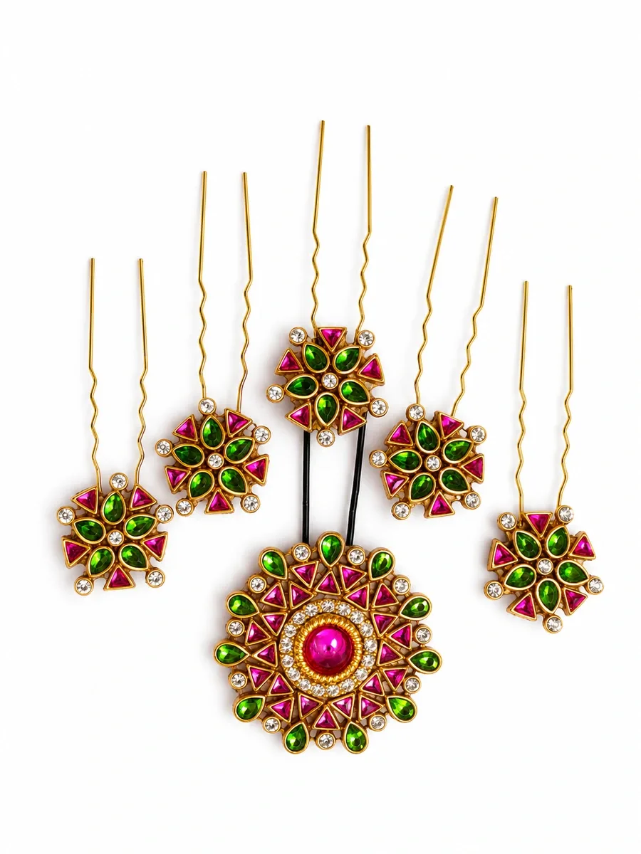 Emerald Pink Floral Hair Pin Set — Hair accessory set with multiple emerald-green and pink decorative pins, including a large central floral piece and matching smaller pieces.