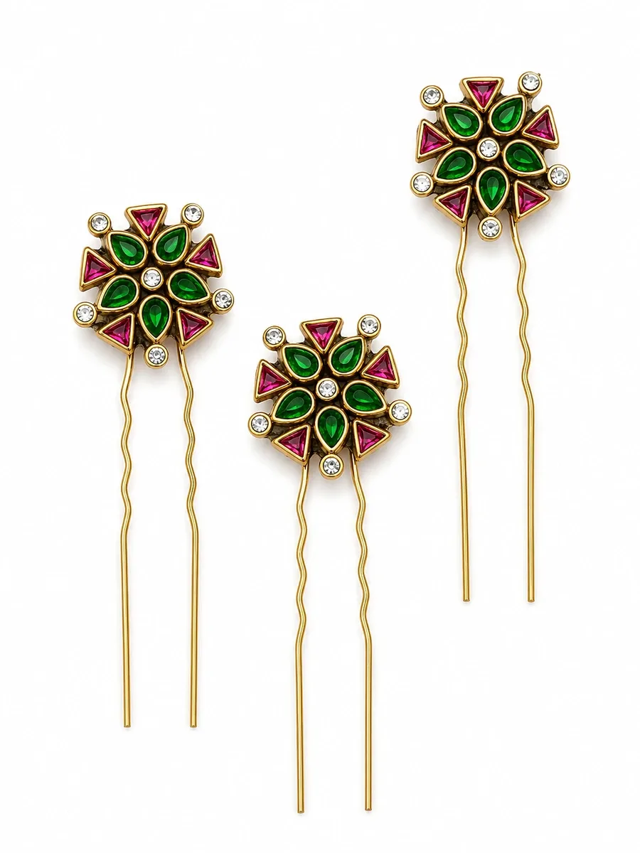 Emerald Pink Floral Hair Pins — Floral hair pins with emerald-green and pink detailing and visible clear/white accent stones.