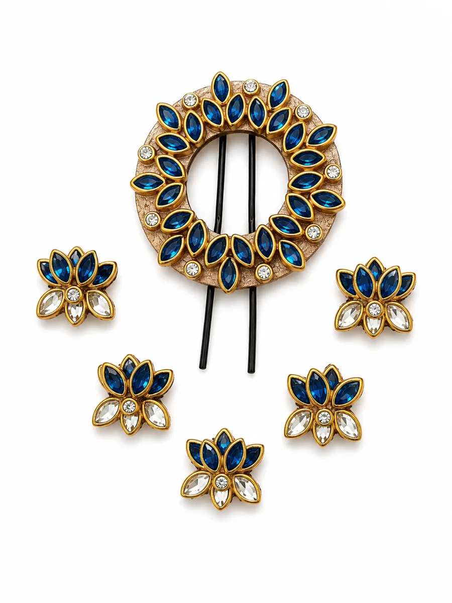 Royal Blue Lotus Hair Accessory Set — Hair accessory set with a large circular lotus-style centerpiece, blue and gold-tone detailing, matching smaller floral pieces and visible black pin stems.
