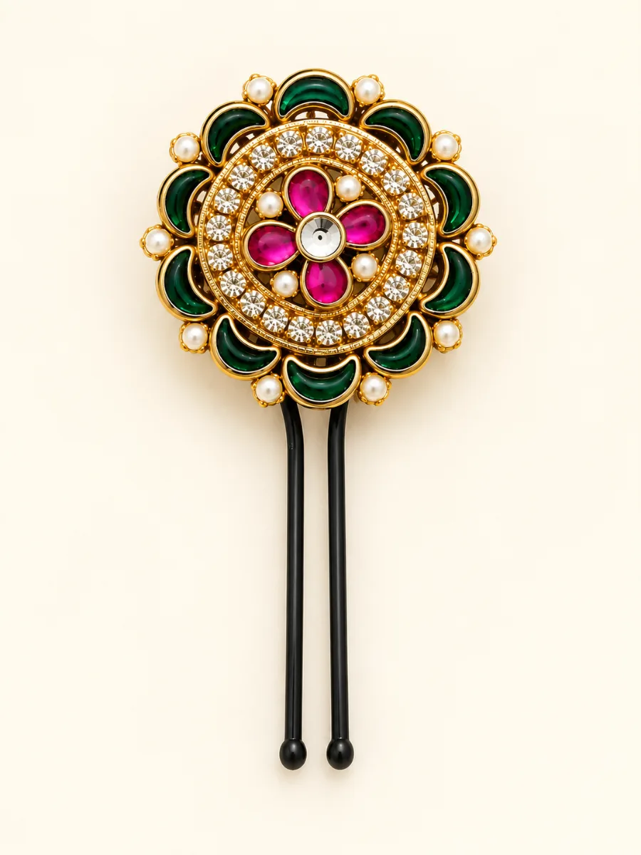 Traditional Kundan Floral Hair Pin — Elegant handcrafted hair pin featuring vibrant green enamel, pink stones, sparkling Kundan detailing, and delicate pearl accents in a traditional floral design.