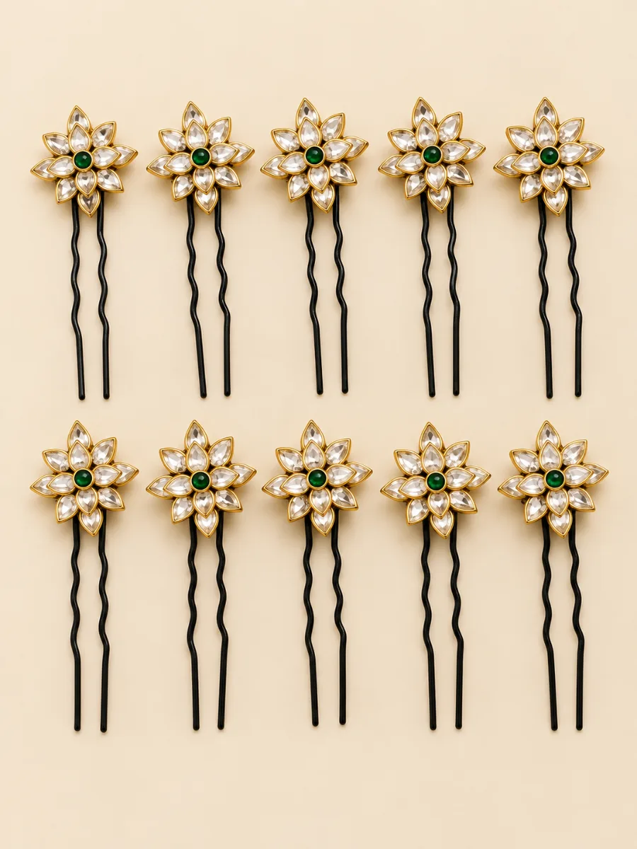 Kundhan Hair Pins Pack of 10 — Elegant floral hair pins featuring sparkling kundan-style stones with a rich green center, perfect for traditional and festive hairstyles.