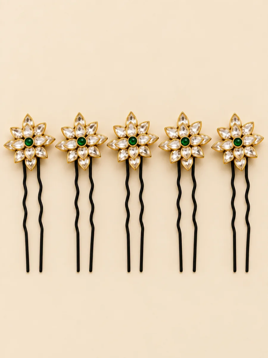 Kundhan Hair Pins Pack of 5 — Elegant floral hair pins featuring sparkling kundan-style stones with a rich green center, perfect for traditional and festive hairstyles.