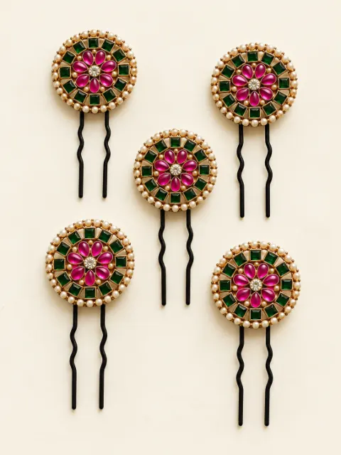 Emerald & Magenta Floral Kundan Hair Pins