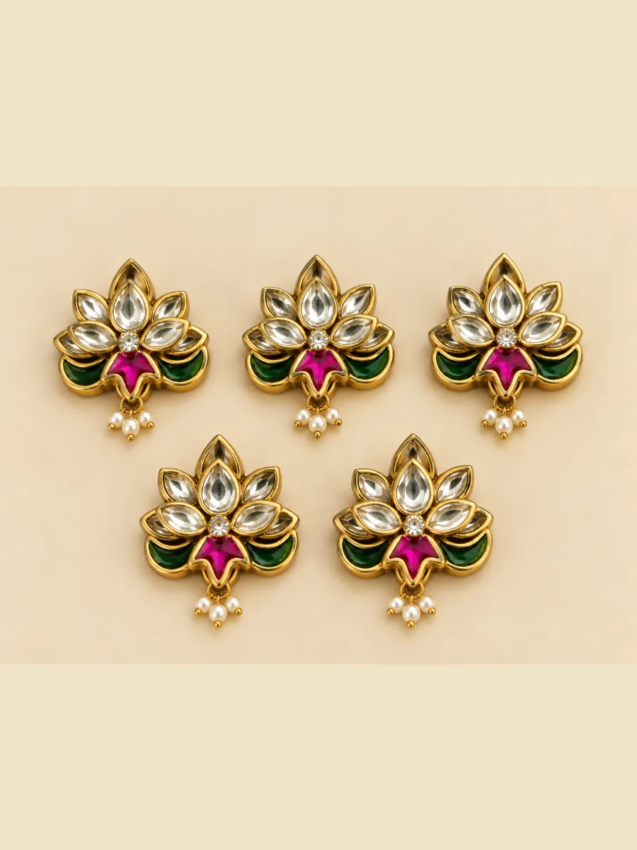 White Flower Kundan Hair Pins with Pearl Hanging — Elegant Flower-inspired hair pin featuring kundan-style clear stones, green accents, a pink center detail, and a delicate pearl hanging.