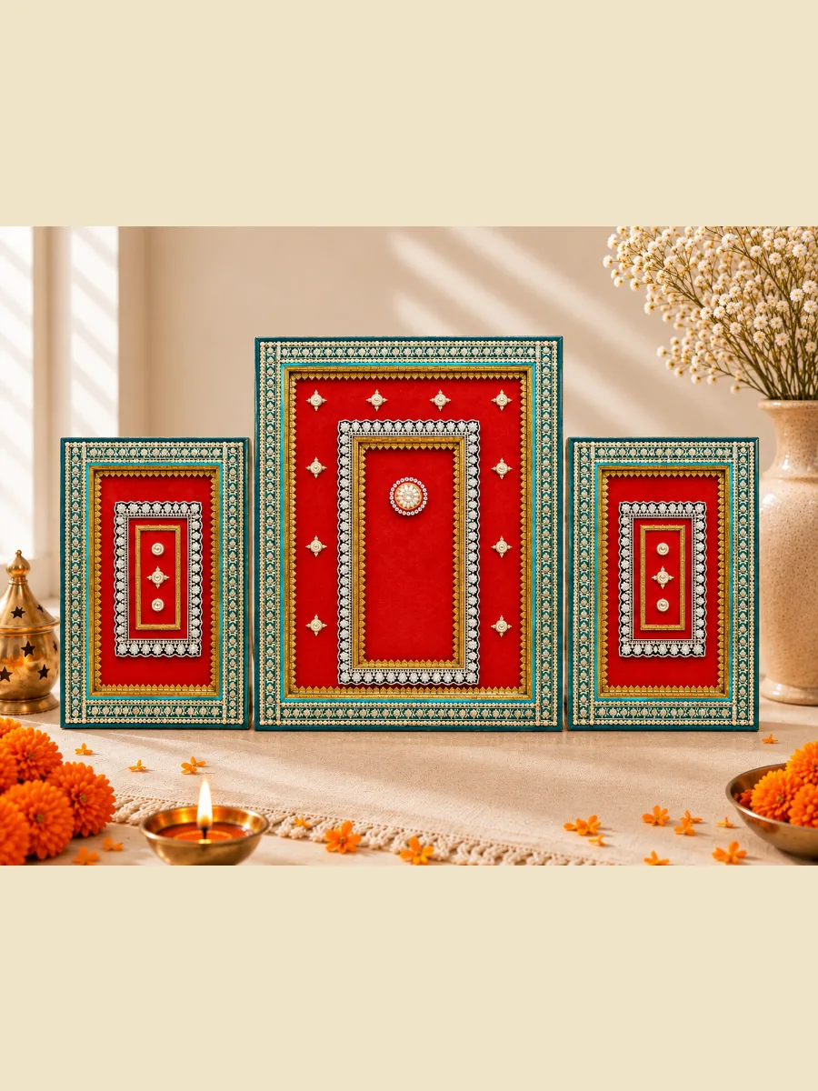 Sri Ganesha Alankara Background — Sri Ganesha Alankara background in red, green-teal and gold-tone detailing, with a central panel, two side panels and decorative borders.