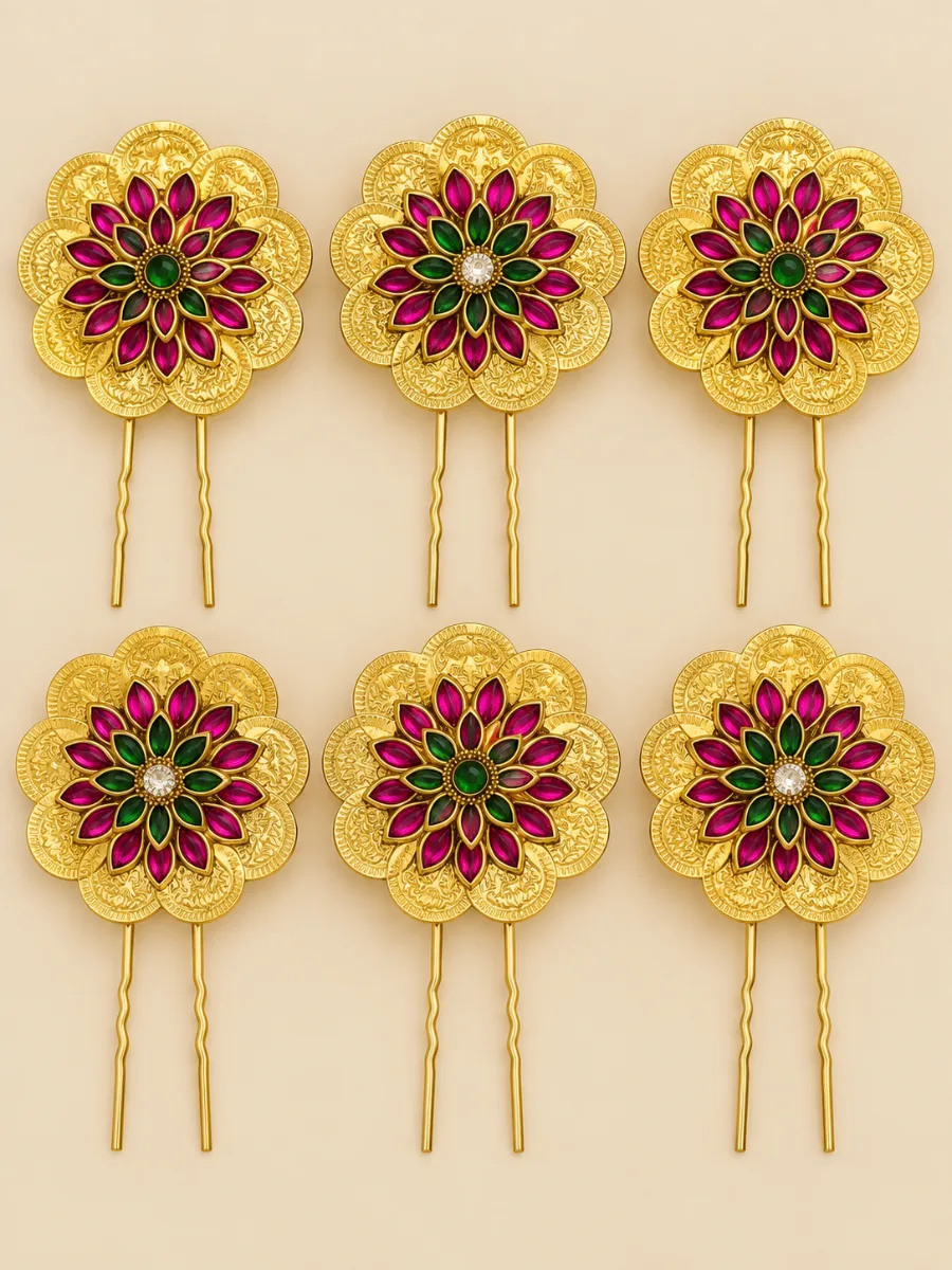 Laxmi Kasu Hair Pins — Circular floral Lakshmi-kasu-style hair pins with a gold-tone appearance and pink, magenta, green and white detailing.