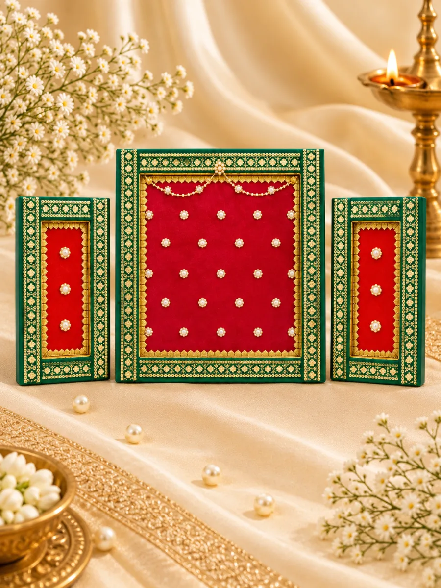 Elegant Ganesha background — Ganesha background in green and red-magenta, with a central panel, two side panels, decorative borders and repeated dot details.