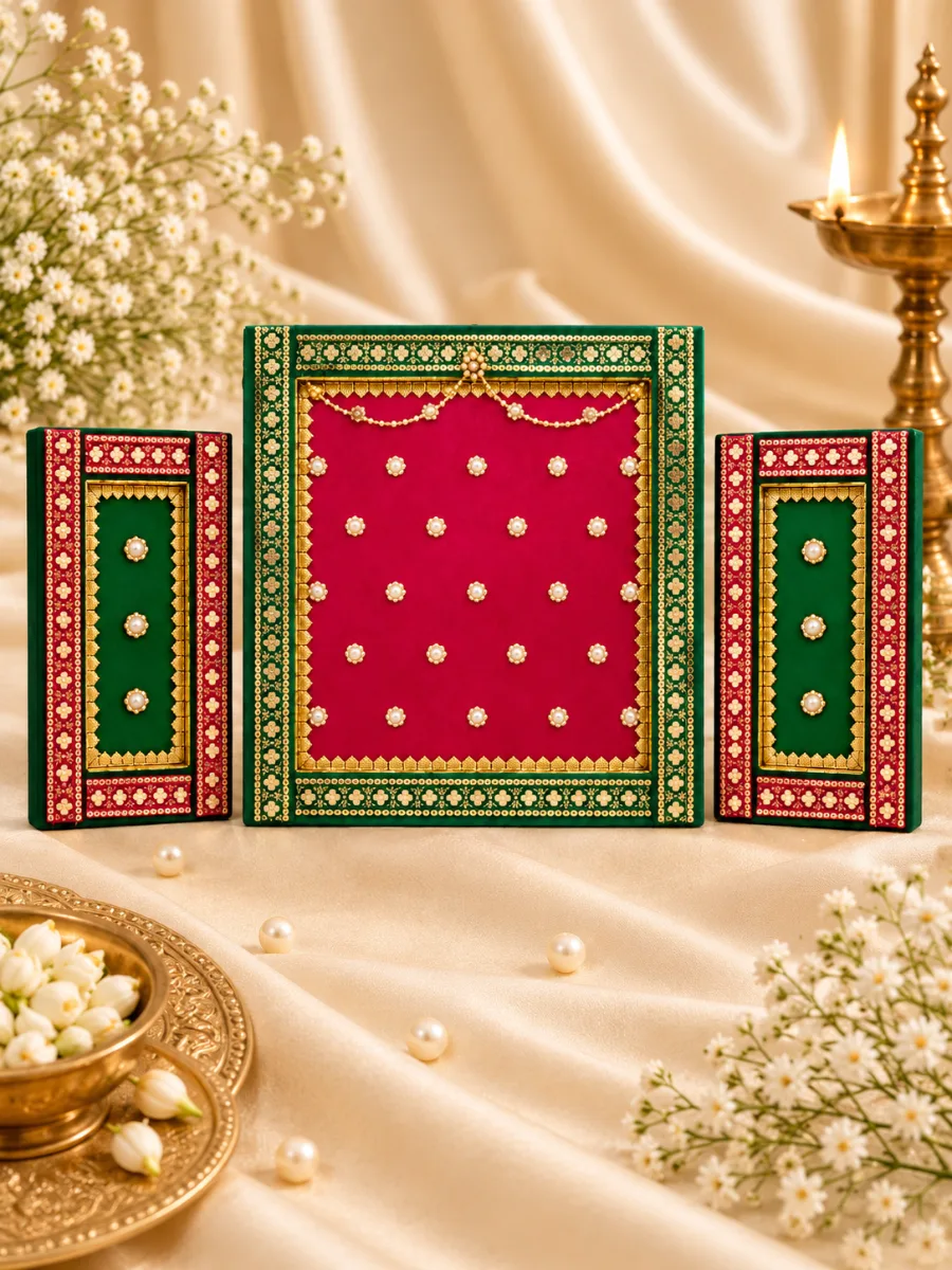 Royal Green & Magenta Designer Ganesha background — Designer Ganesha background in royal green and magenta-red, with a central panel, two side panels and decorative patterned borders.