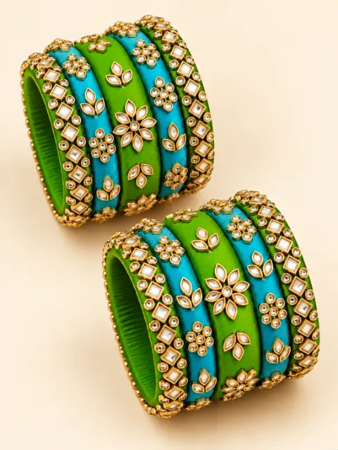 Parrot Green & Turquoise Kundan Designer Bangles Set