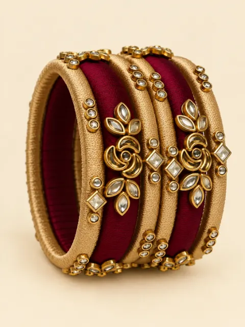 Maroon and Gold handmade kundhan silk thread bangles