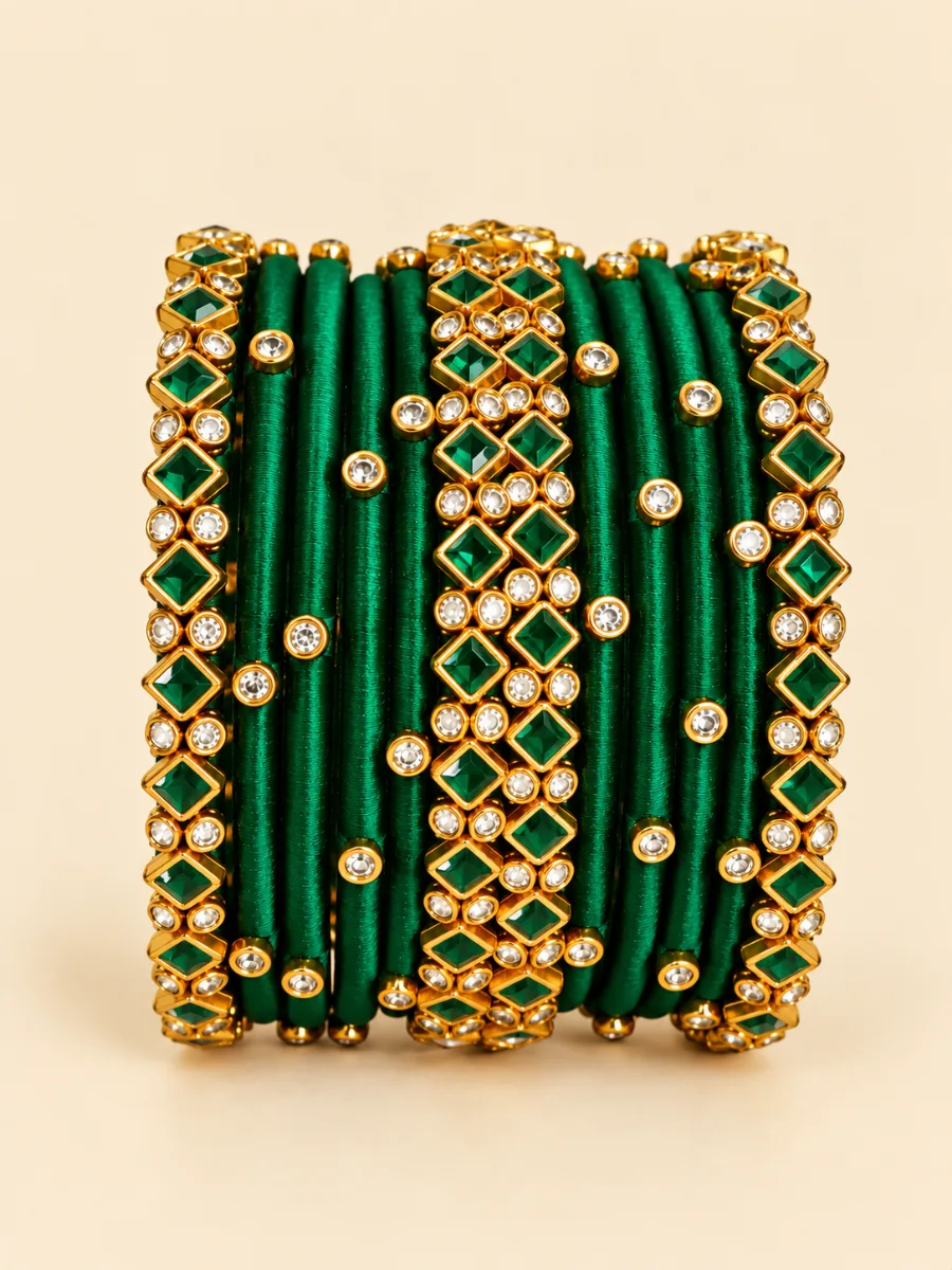 Green Silk Thread Kundan Designer Bangles — Elegant Green silk thread bangles adorned with gold-toned Kundan-style square stones and sparkling round embellishments.