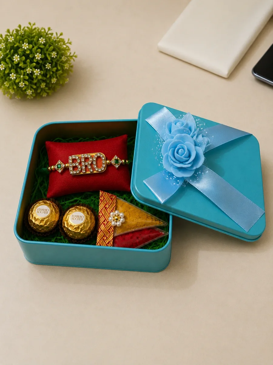 Aqua Bloom Bro Rakhi Box — Stylish Bro Rakhi gift box with an elegant presentation.