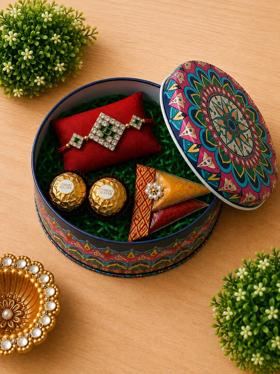 Royal Mandala Rakhi Box — Premium Rakhi box featuring an elegant mandala design.