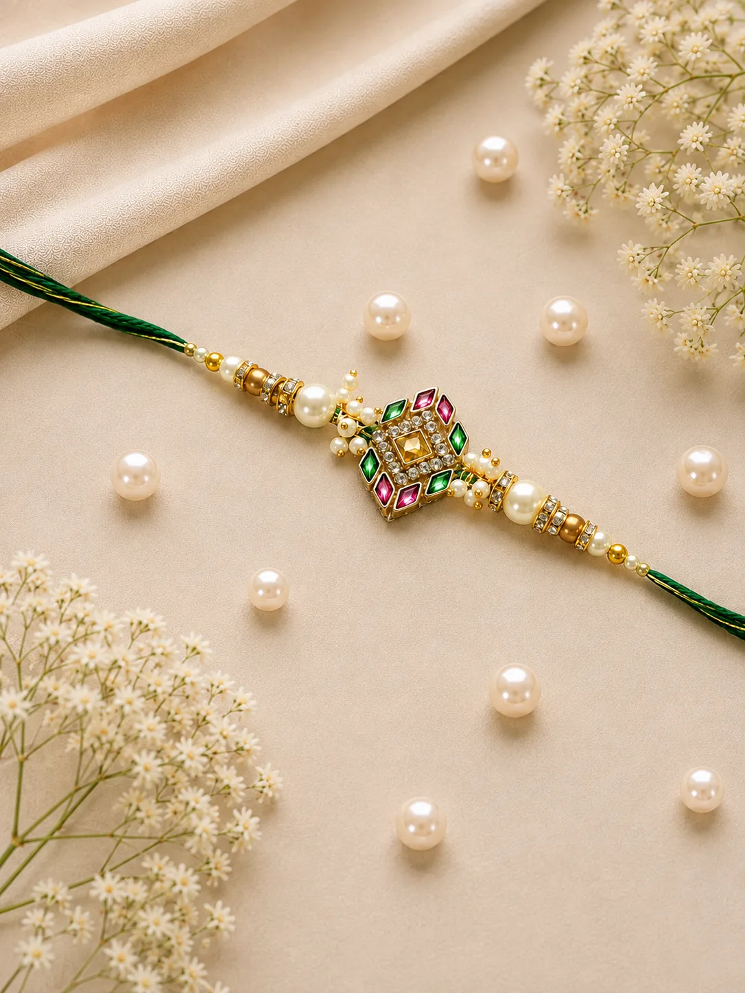 Royal Emerald Designer Rakhi — Green-thread designer Rakhi with a square centerpiece and green, pink and gold-tone detailing.