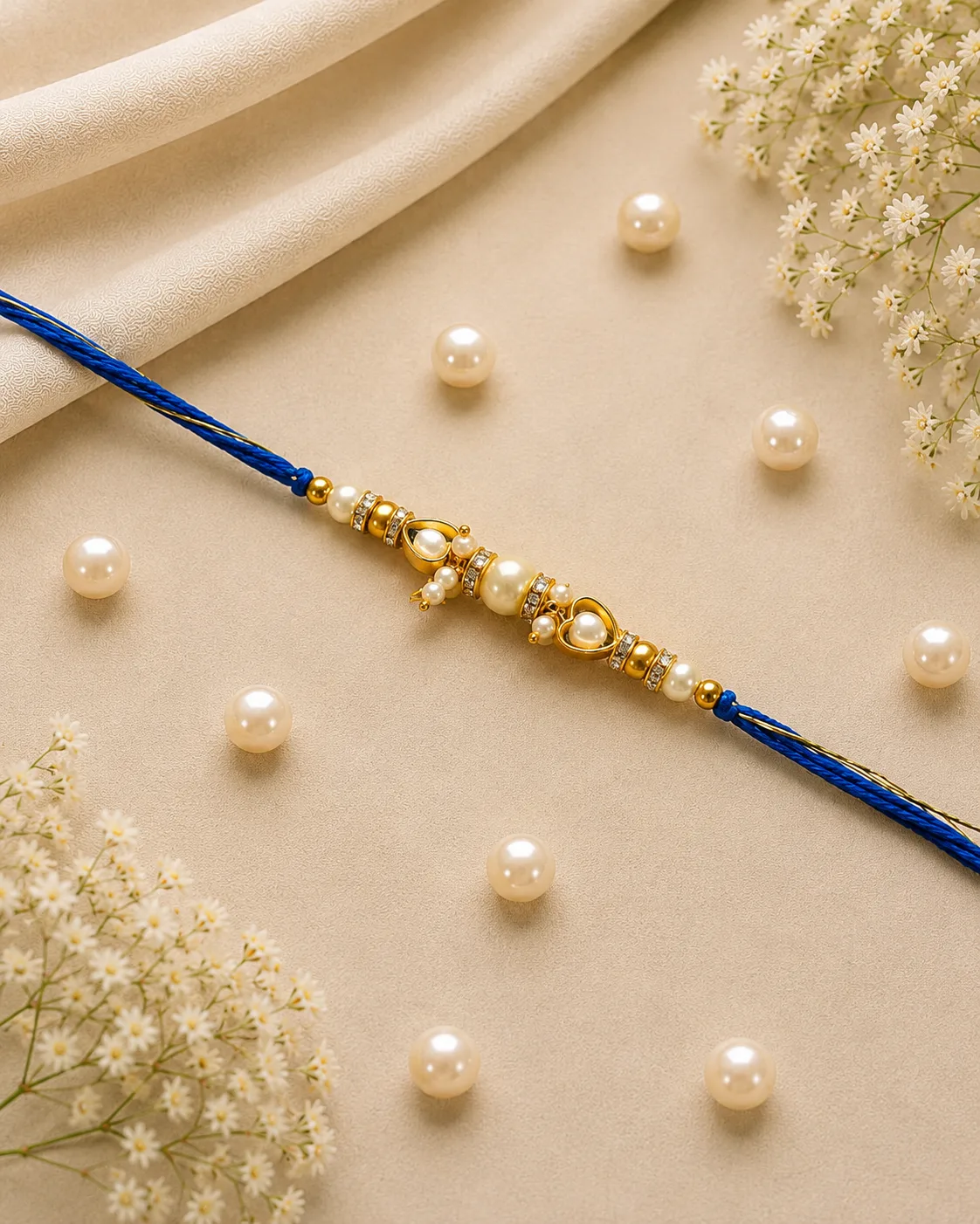 Royal Blue Pearl Rakhi — Blue-thread Rakhi with a central decorative arrangement, pearl-style white detailing and gold-tone accents.