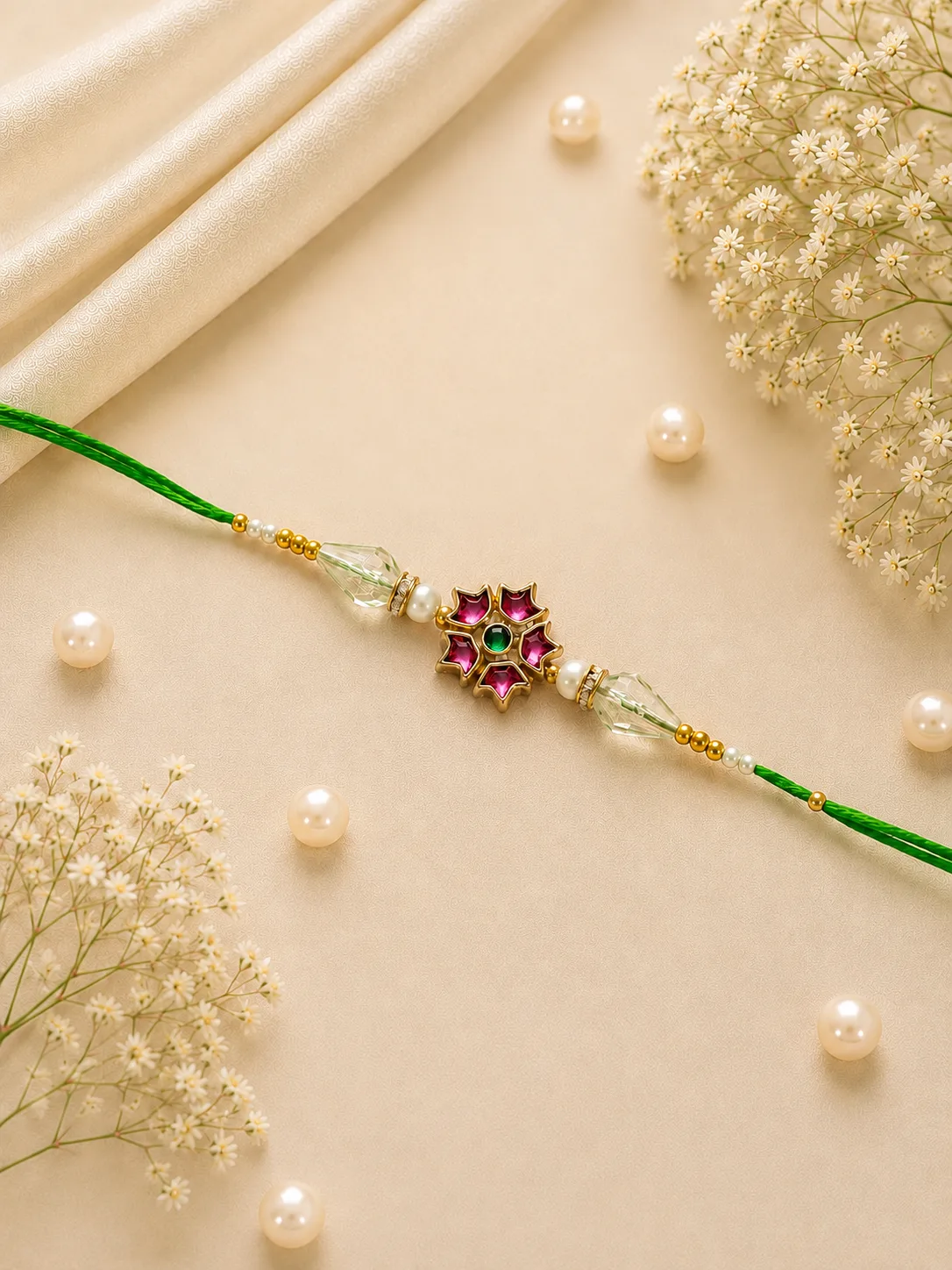 Emerald Blossom Rakhi — Green-thread Rakhi with a floral centerpiece, pink-red and green detailing, and white decorative accents.