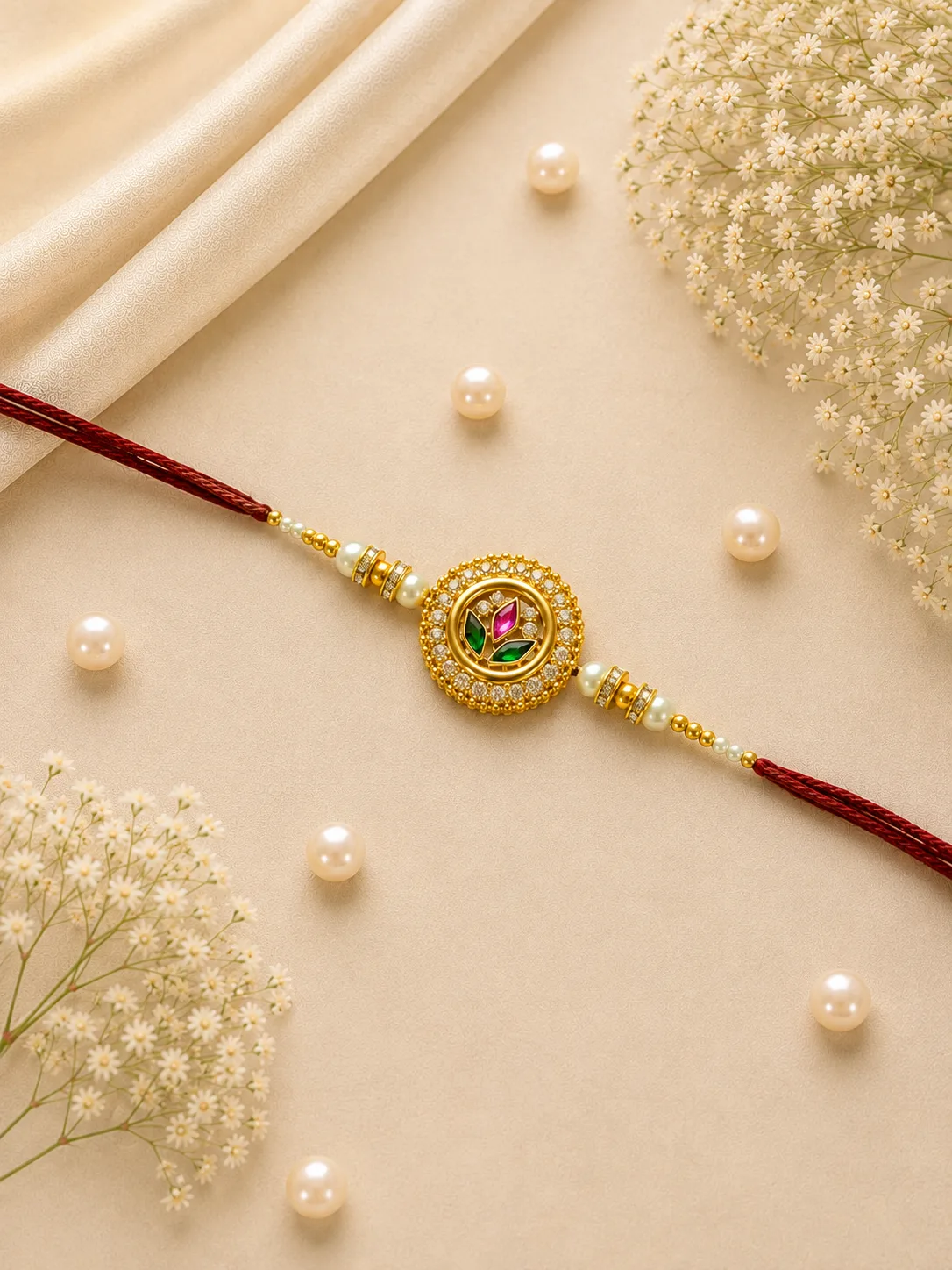 Rajasi Pearl Rakhi — Red-thread Rakhi with a circular central design, green and pink-red detailing, and pearl-style white accents.