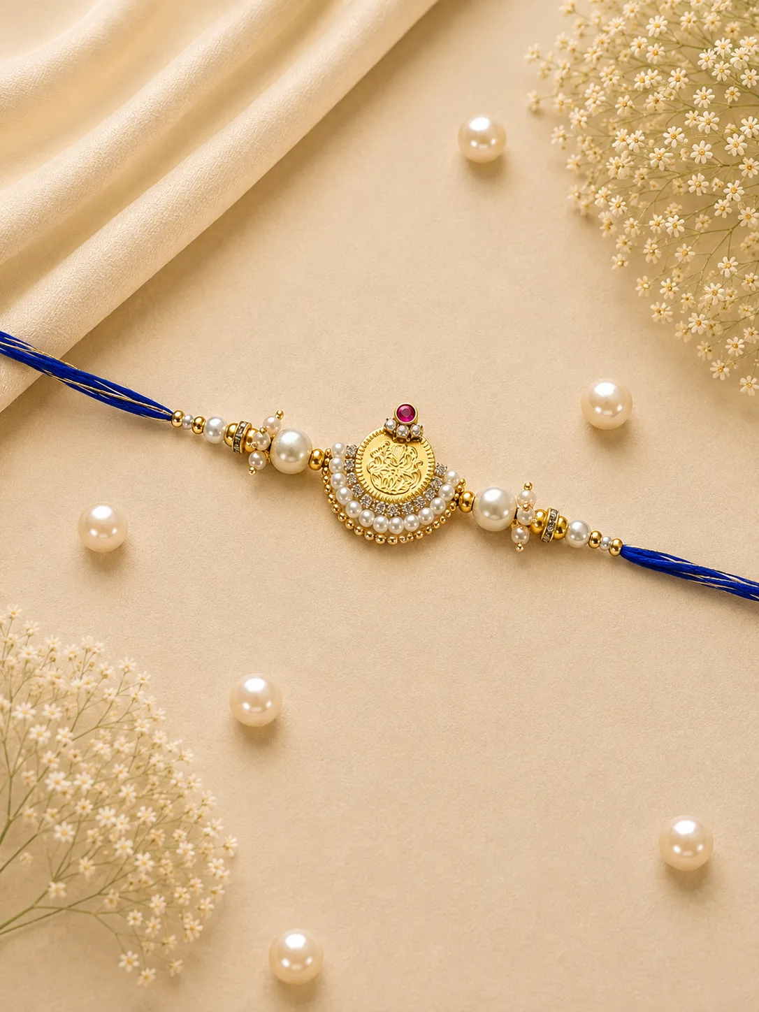 Ammavari Kasu Rakhi — Blue-thread Rakhi with a circular gold-tone coin-style centerpiece and white decorative detailing.
