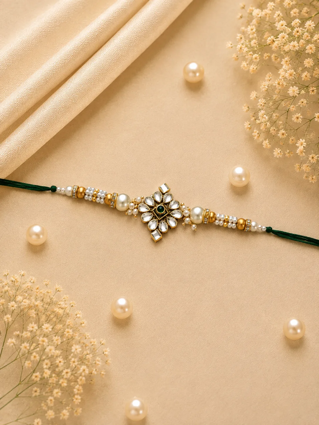 Emerald Pearl Blossom Rakhi — Green-thread Rakhi with a floral centerpiece, green accents and pearl-style white detailing.