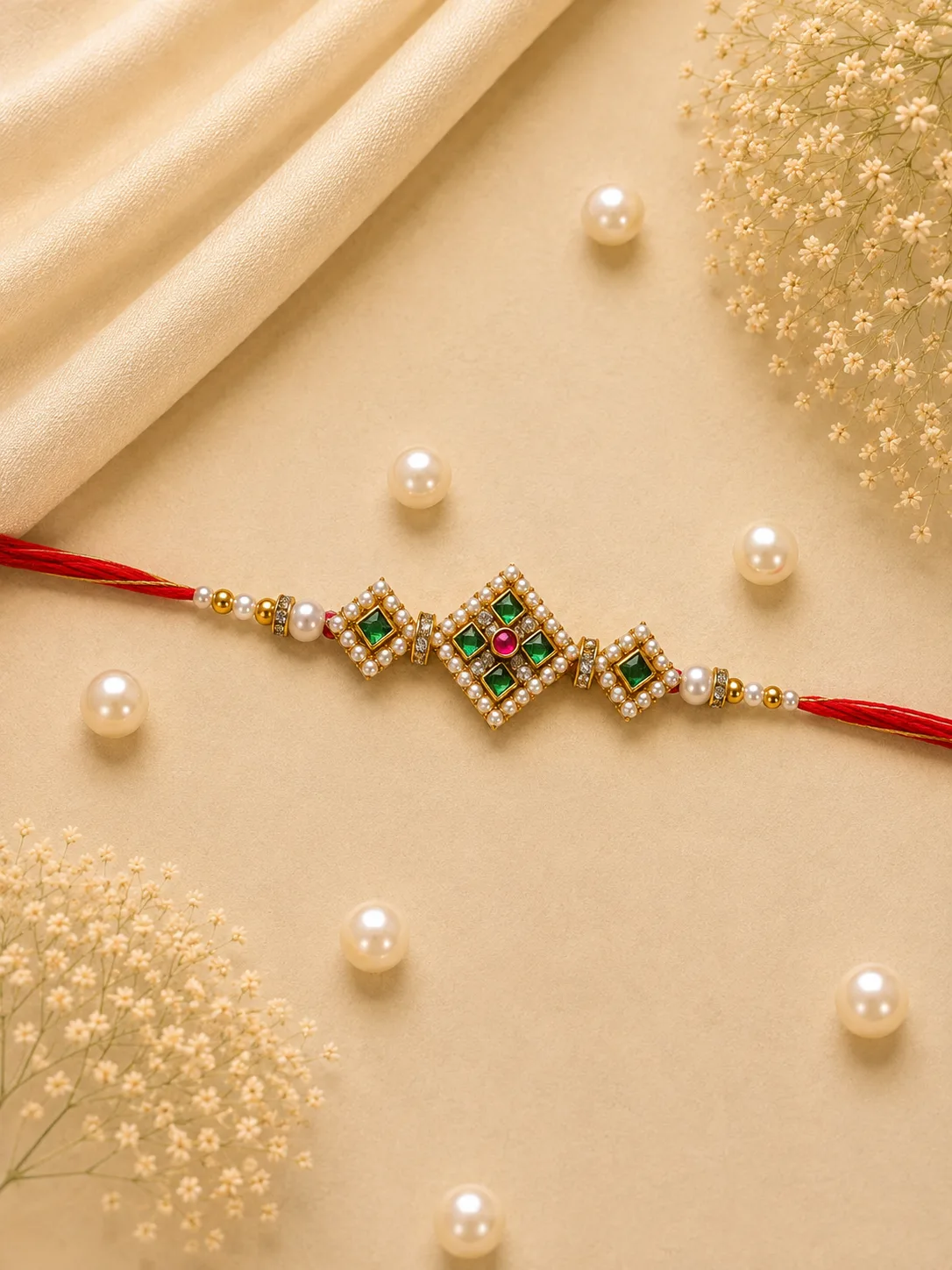 Emerald Royale Diamond Rakhi — Red-thread Rakhi with multiple square and diamond-shaped central elements, green-red accents and gold-tone detailing.