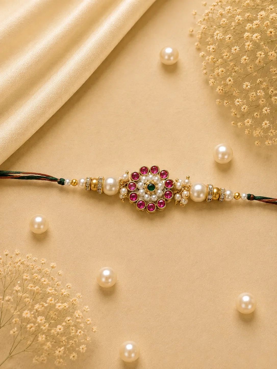 Ruby Pearl Bloom Rakhi — Dark red-thread Rakhi with a pink floral centerpiece, pearl-style white detailing and gold-tone accents.