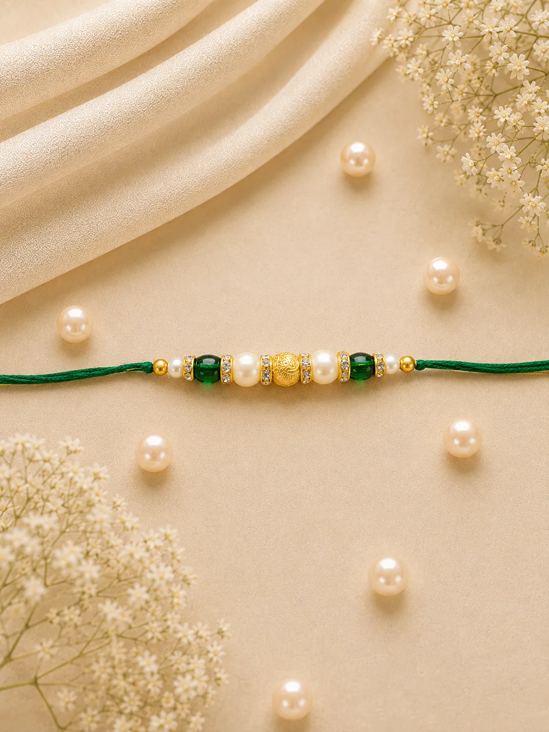 Emerald beads Rakhi — Green-thread Rakhi with a central white and gold bead-style arrangement and green accent beads.