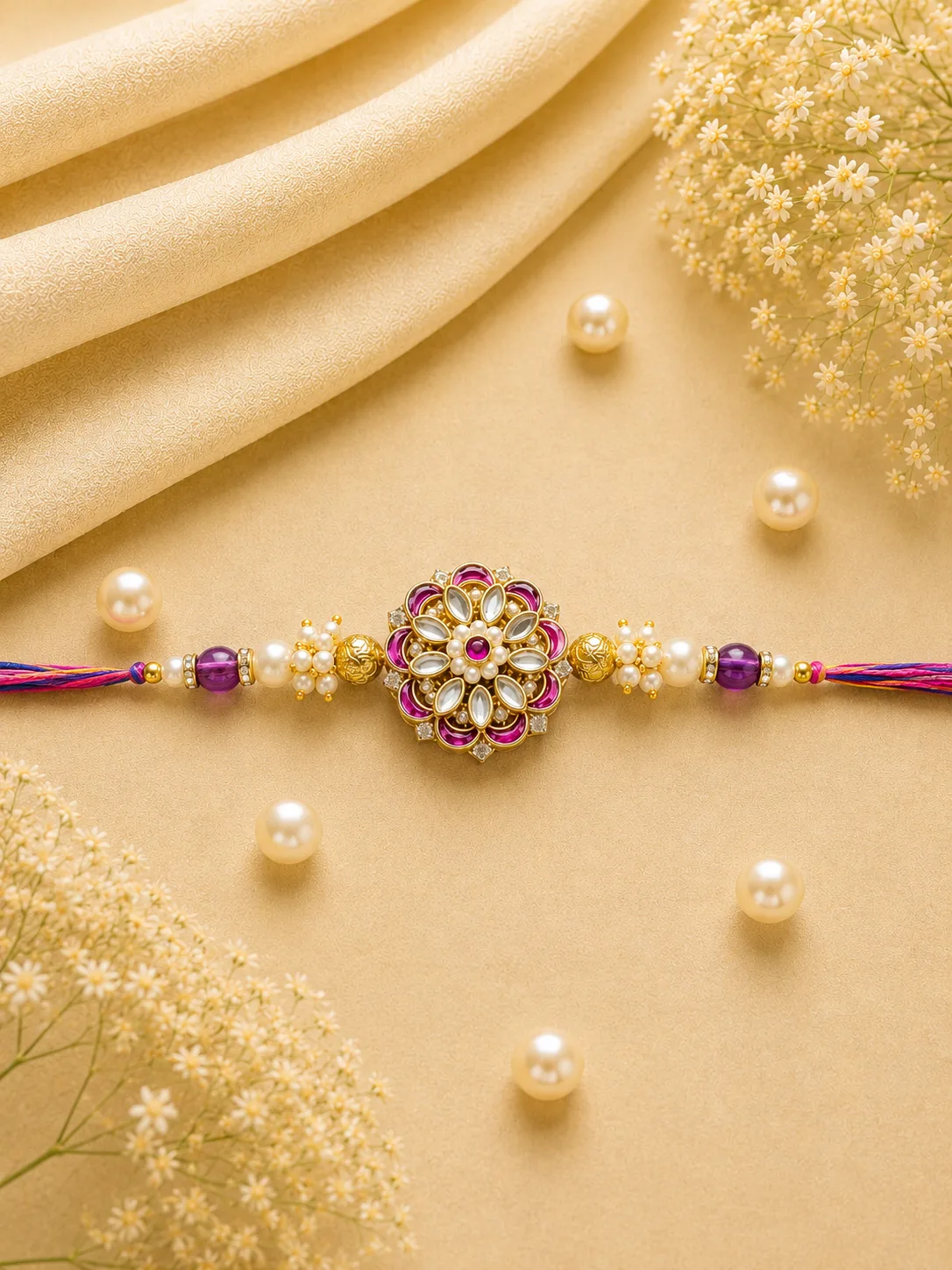 Aaradhya Floral Rakhi — Pink-purple thread Rakhi with a floral centerpiece and gold-tone and white decorative detailing.