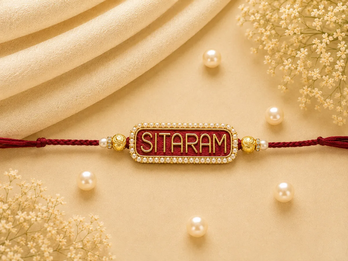 Custom Name Rakhi — Customizable name Rakhi with a red thread and rectangular name centerpiece, shown with 'SITARAM' as an example.