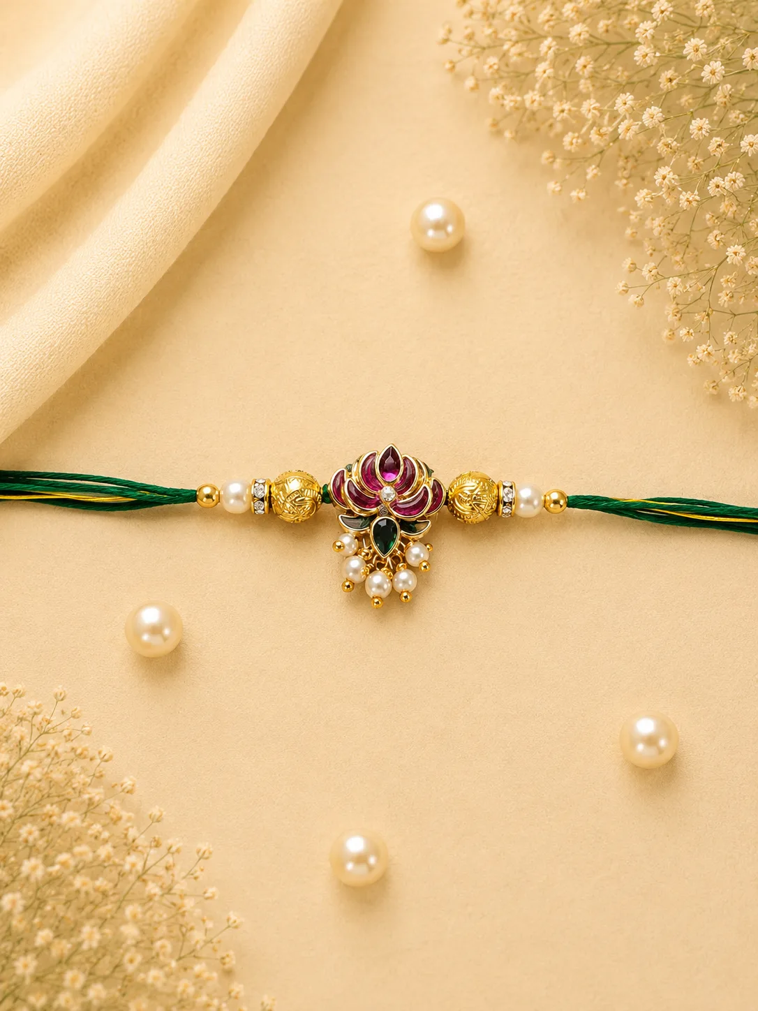 Royal Lotus Rakhi — Green-thread Rakhi with a circular lotus-style floral centerpiece and gold-tone detailing.