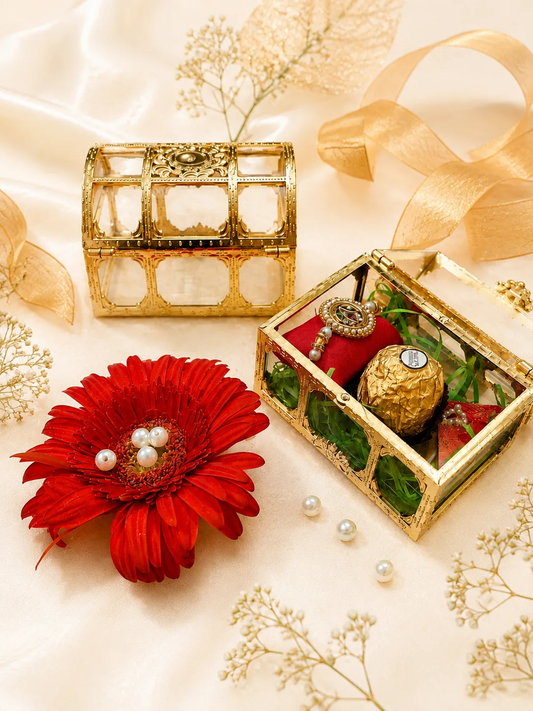 Royal Rakhi Gift Box — Decorative Rakhi gift box with a red Rakhi cushion, visible gift items and a red flower decoration.