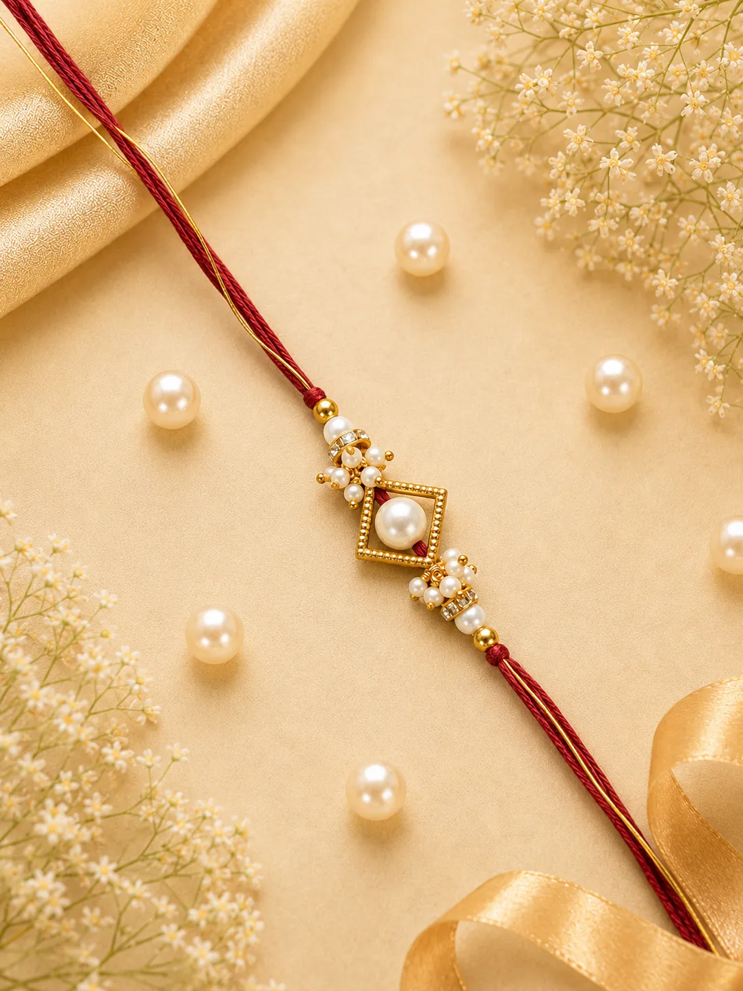 Pearl Square Elegance Rakhi — Red-thread Rakhi with a square central centerpiece, pearl-style white detailing and gold-tone accents.
