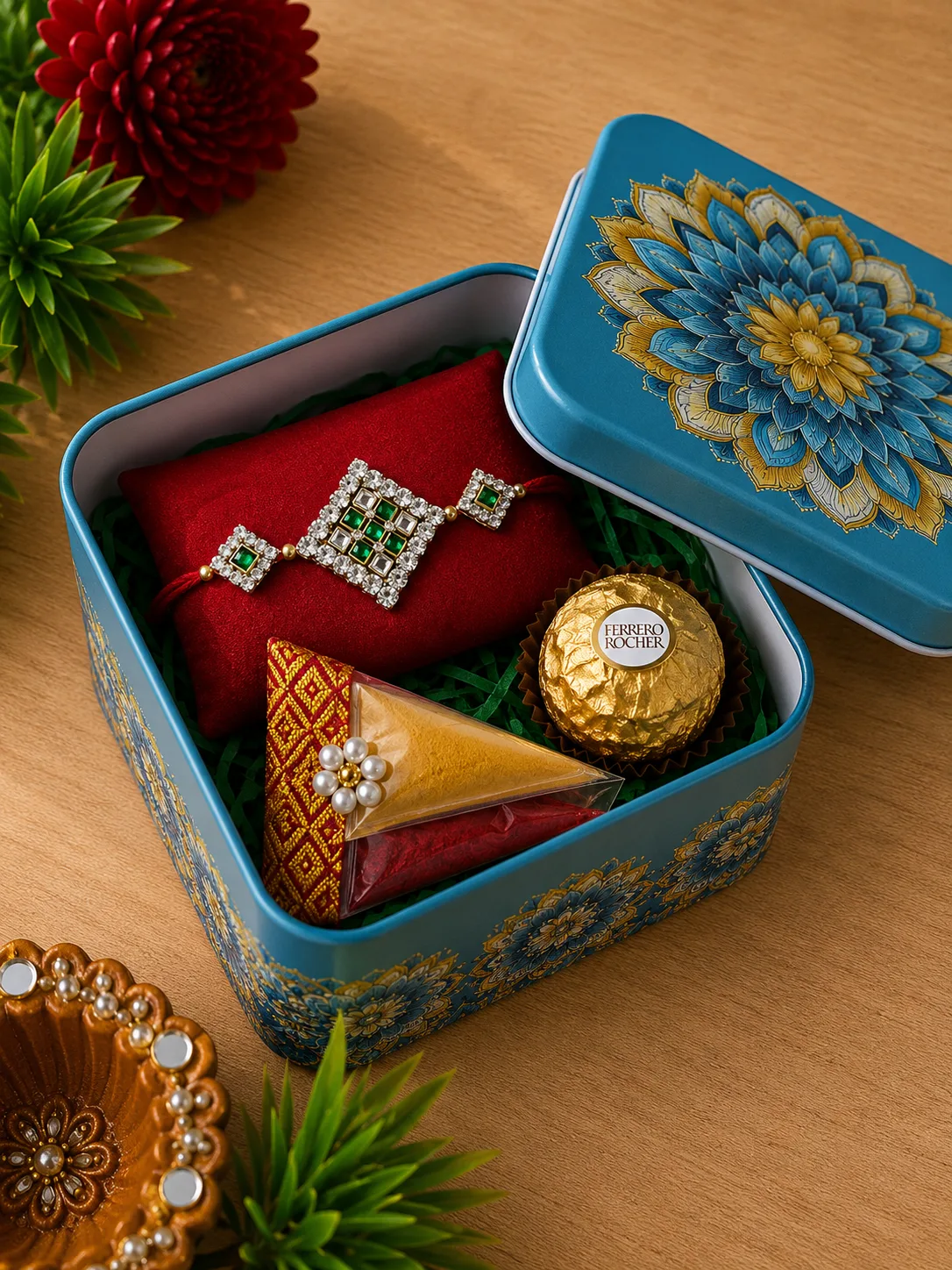 Neelambari Rockie Box — Blue decorative Rakhi box displaying a Rakhi on a red cushion, with additional visible gift items.